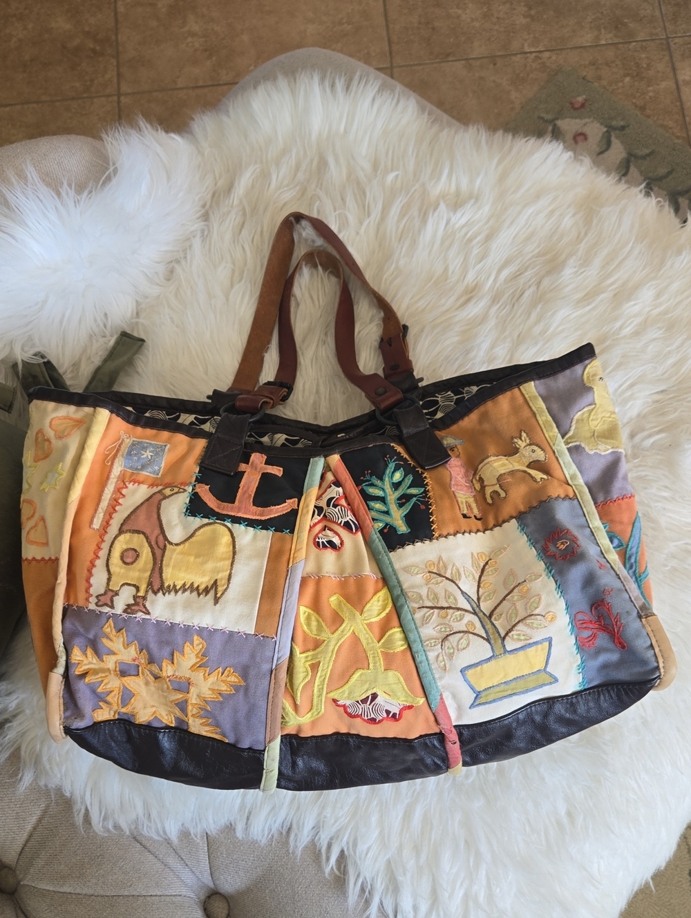 Vintage JAMIN PUECH  Embroidered Leather-Trim Tote